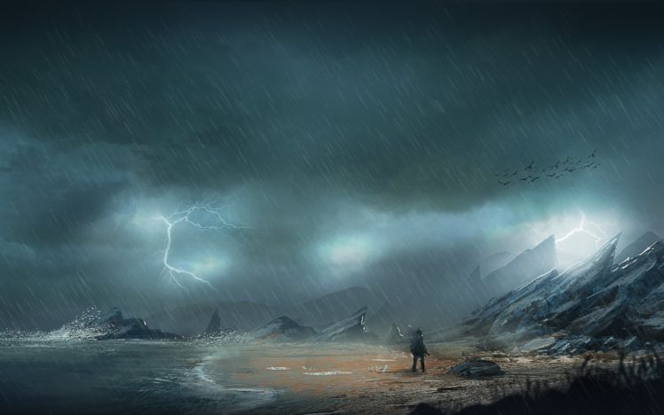 art, Coast, Rain, Rocks, Sea, Rocks, Man HD Wallpaper Desktop Background