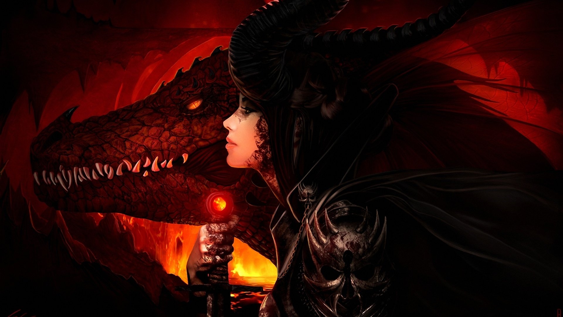 art, Dragon, Girl, Horns, Lava, Weapons, Sword, Fire Wallpaper
