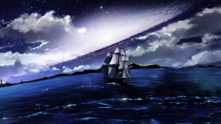 clouds, Night, Sea, Ship, Sailing, Swimming HD Wallpaper Desktop Background