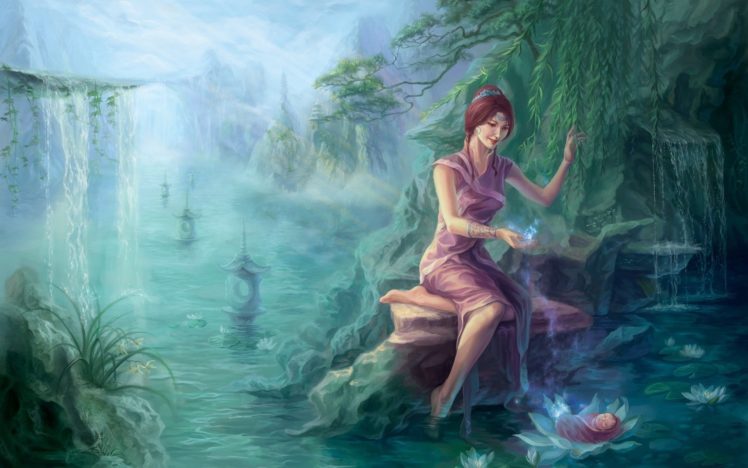 art, Stream, Girl, Water, River, Waterfall, Pond, Forest HD Wallpaper Desktop Background