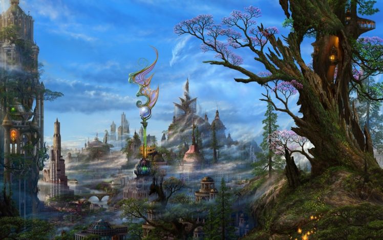 art, Smoke, Fantasy, Kazamasa, Uchio, Ucchiey, Trees, City HD Wallpaper Desktop Background