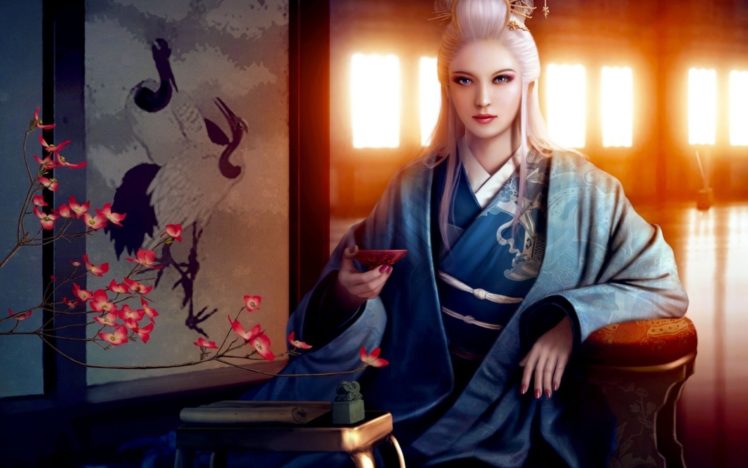 asia, Kimono, Flower, Girl, Bowl, Mario, Wibisono, Art HD Wallpaper Desktop Background
