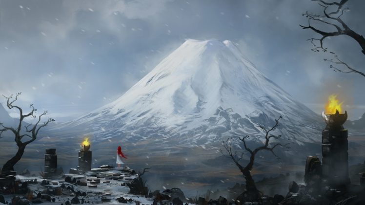 blink, Peak, Mountain, Rocks, Girl, Red, Art, Snow, Fire HD Wallpaper Desktop Background