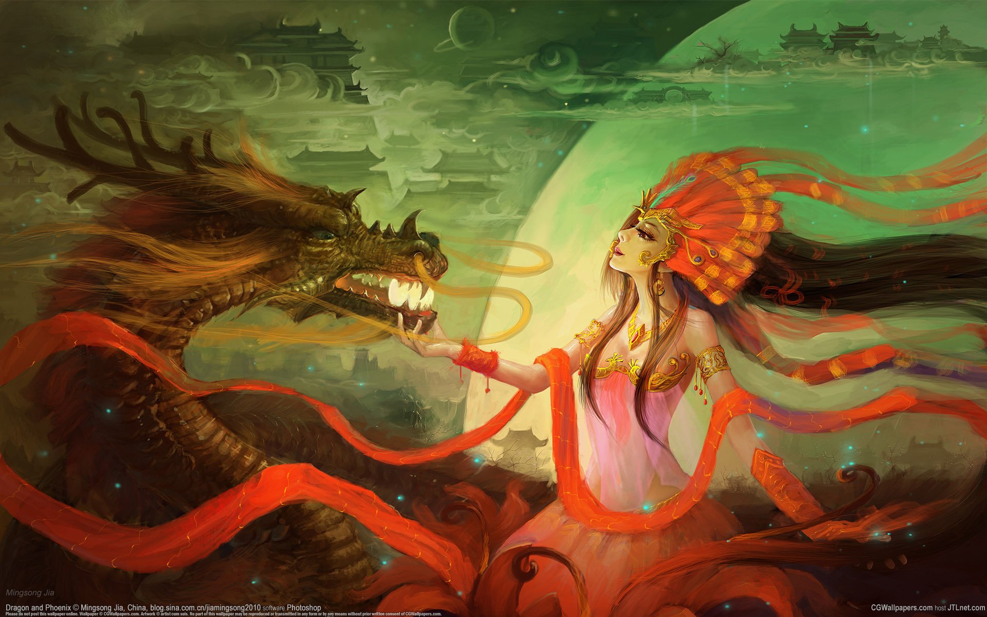 buildings, Art, Girl, Dragon, Feathers, Horns, Ming, Song, Jia Wallpaper