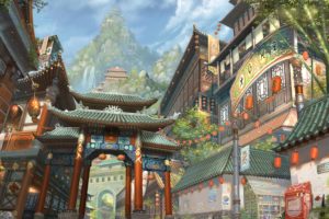 city, Asia, Buildings, Lights, Chaoyuanxu, Art, Waterfalls, Mountain