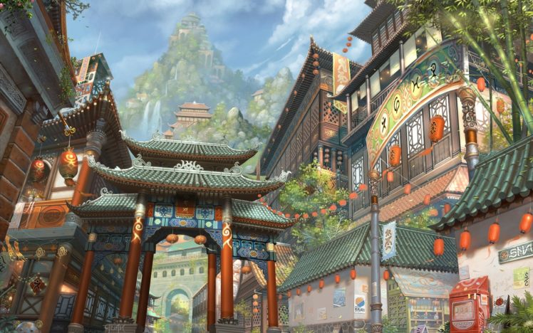 city, Asia, Buildings, Lights, Chaoyuanxu, Art, Waterfalls, Mountain HD Wallpaper Desktop Background