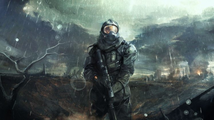 clouds, Ruins, Arms, Art, Helmet, Rain, Armor, Man HD Wallpaper Desktop Background