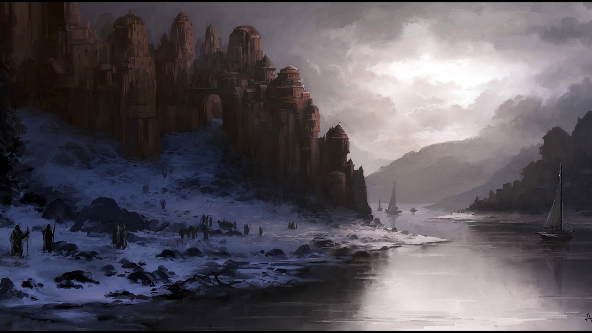 dusk, Winter, Andreas, Rocha, Crafts, Art, River, Castle, Snow Wallpaper