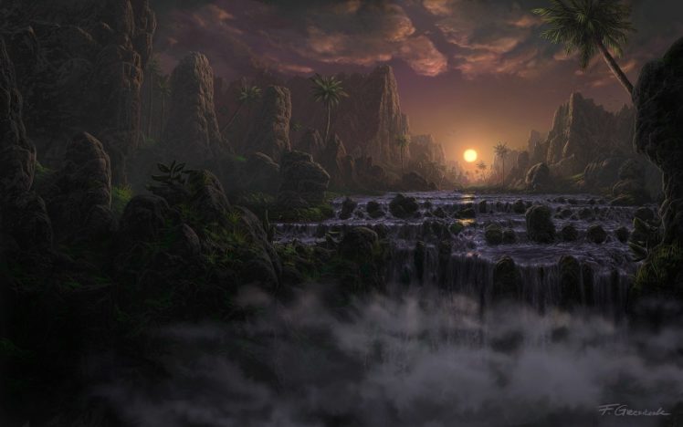 evening, Fel x, Art, Palm, Trees, Waterfall, Landscape, Sunset, River HD Wallpaper Desktop Background