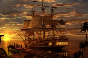 evening, Ship, Sea, Sunset, Pirates, Landscape
