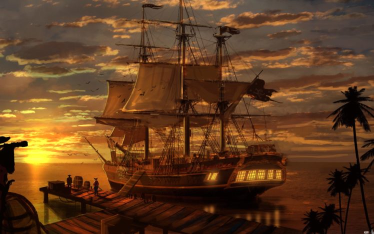 evening, Ship, Sea, Sunset, Pirates, Landscape HD Wallpaper Desktop Background