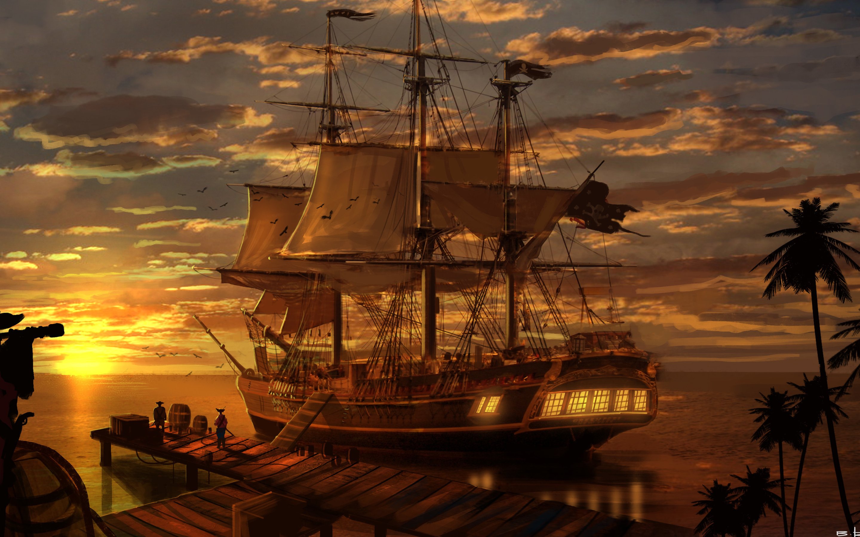 evening, Ship, Sea, Sunset, Pirates, Landscape Wallpaper