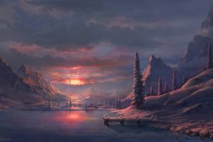 fel x, Mountains, Sunrise, Lake, Winter, Art