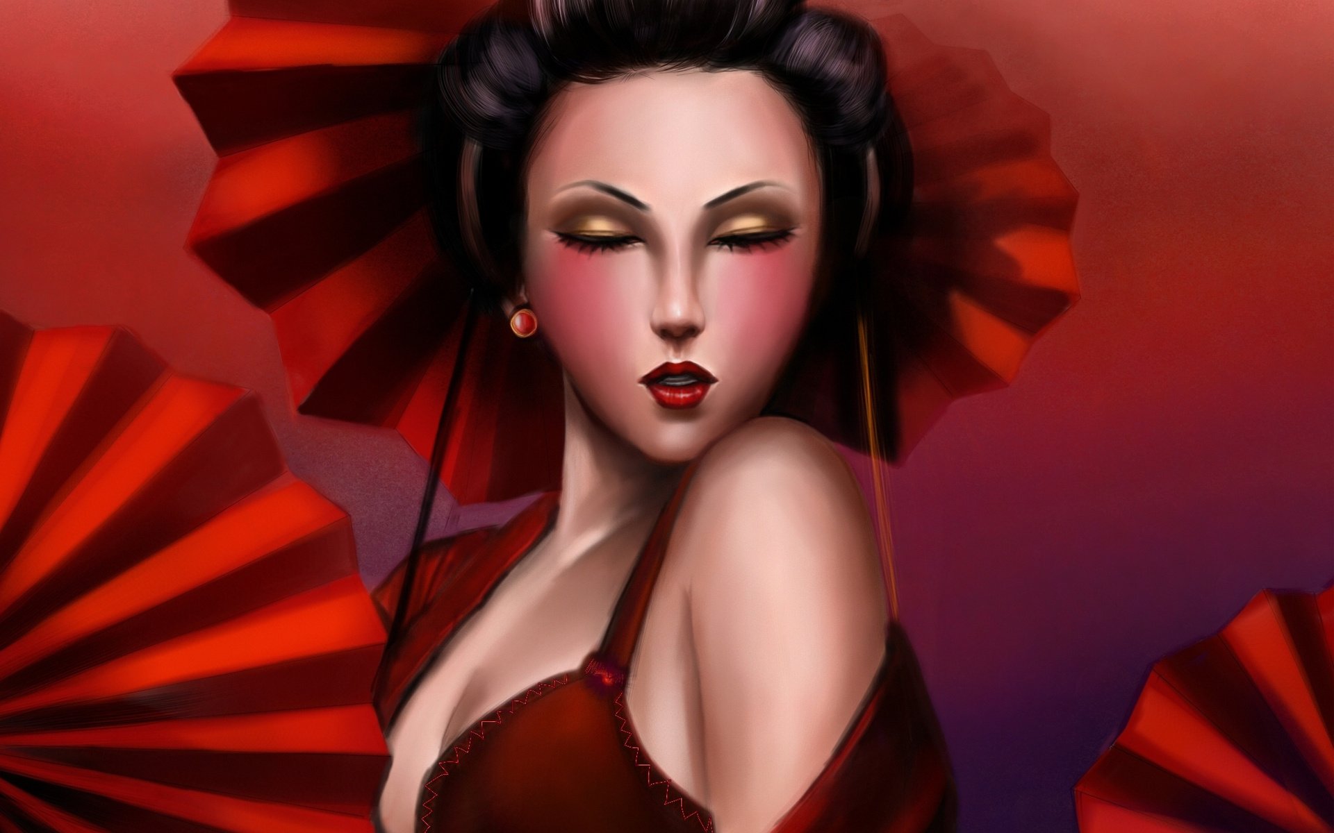 geisha, Red, Girl, Person, Lily, You, Umbrellas, Art Wallpaper