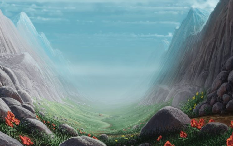 footpath, Grass, Rocks, Valley, Flowers, Landscape, Rocks, Art HD Wallpaper Desktop Background