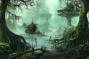 homes, Buildings, Swamp, Trees, Water, Art