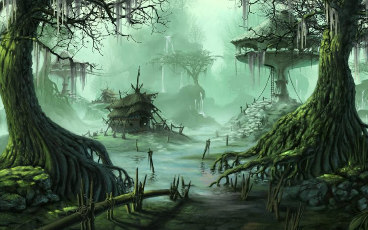 homes, Buildings, Swamp, Trees, Water, Art HD Wallpaper Desktop Background