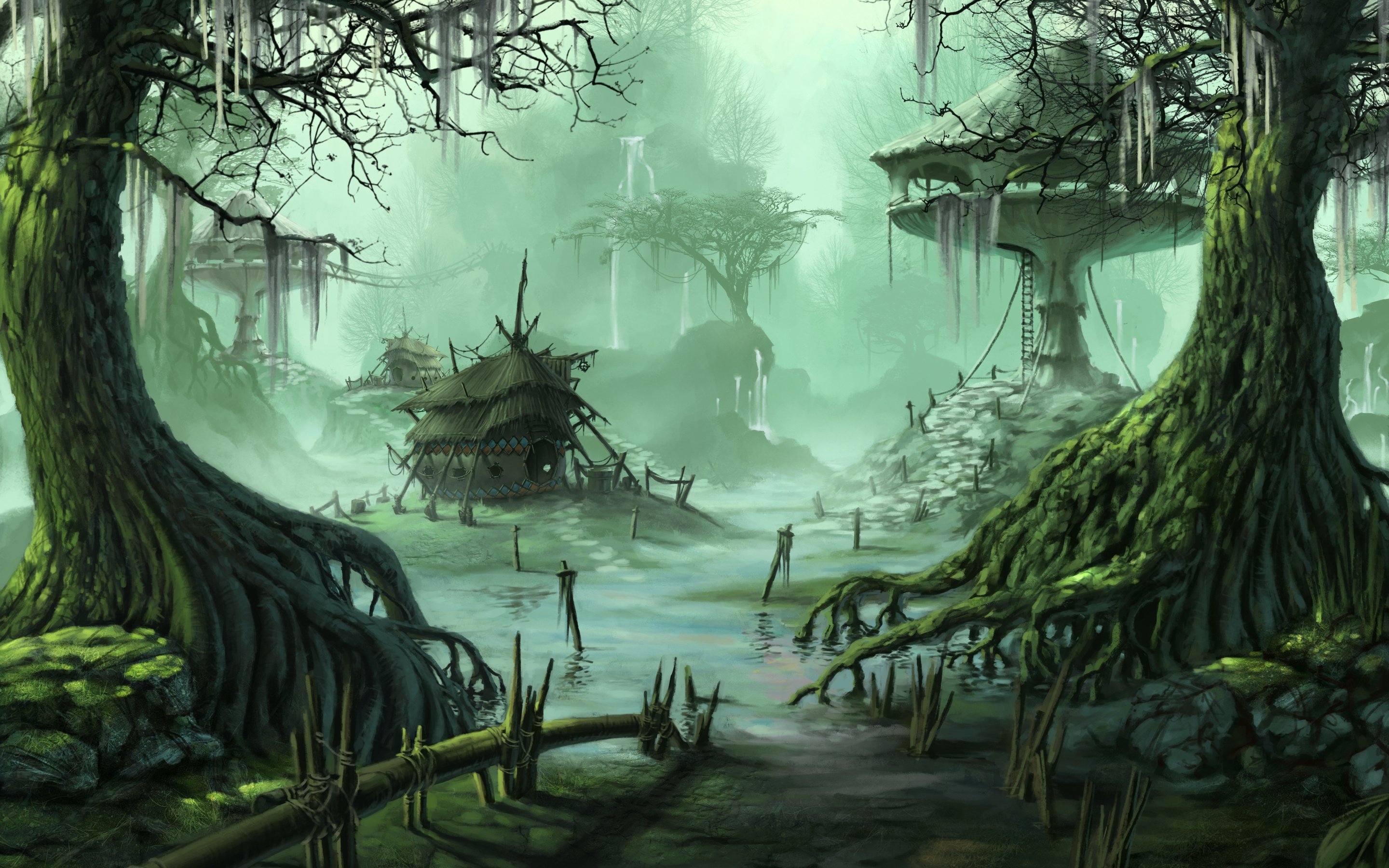 homes, Buildings, Swamp, Trees, Water, Art Wallpaper