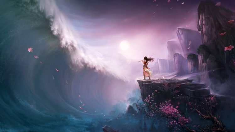 girl, Wave, Tsunami, Art, Flute, Rocks, Tree HD Wallpaper Desktop Background