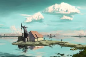 house, Lake, Buildings, Windmill, Landscape, Art, Trees