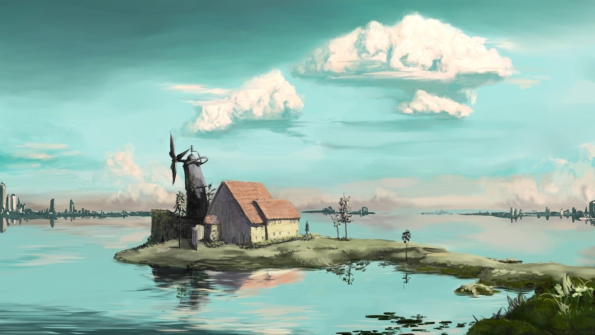 house, Lake, Buildings, Windmill, Landscape, Art, Trees Wallpaper