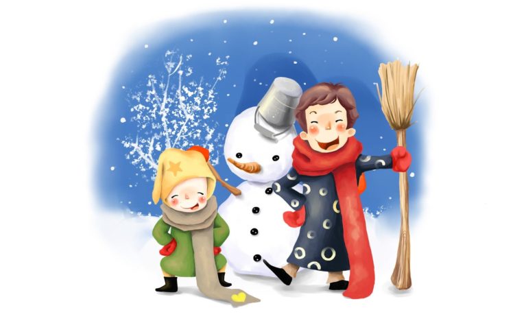 drawing, Kids, Fun, Snowman, Winter, Bucket, Broom, Buttons, Scarves HD Wallpaper Desktop Background