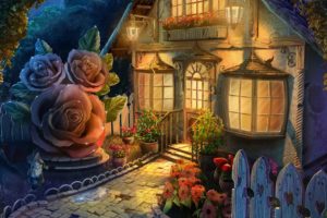 house, Painting, Fantasy, Rose