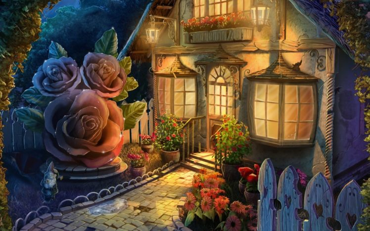 house, Painting, Fantasy, Rose HD Wallpaper Desktop Background