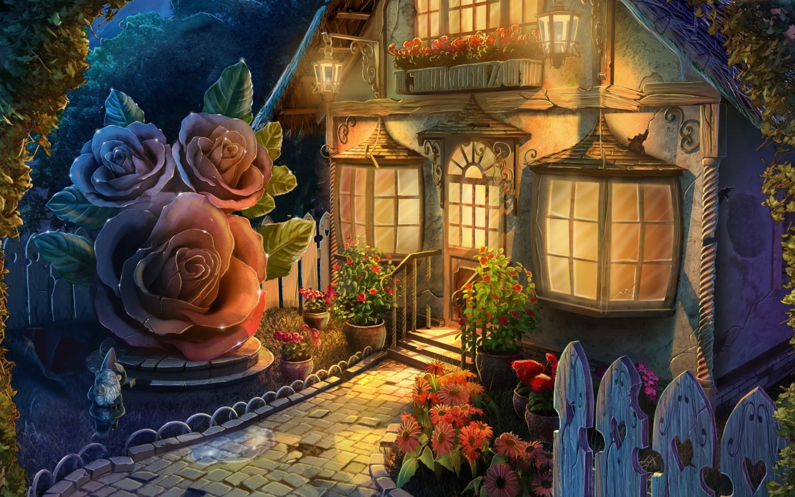 house, Painting, Fantasy, Rose Wallpaper