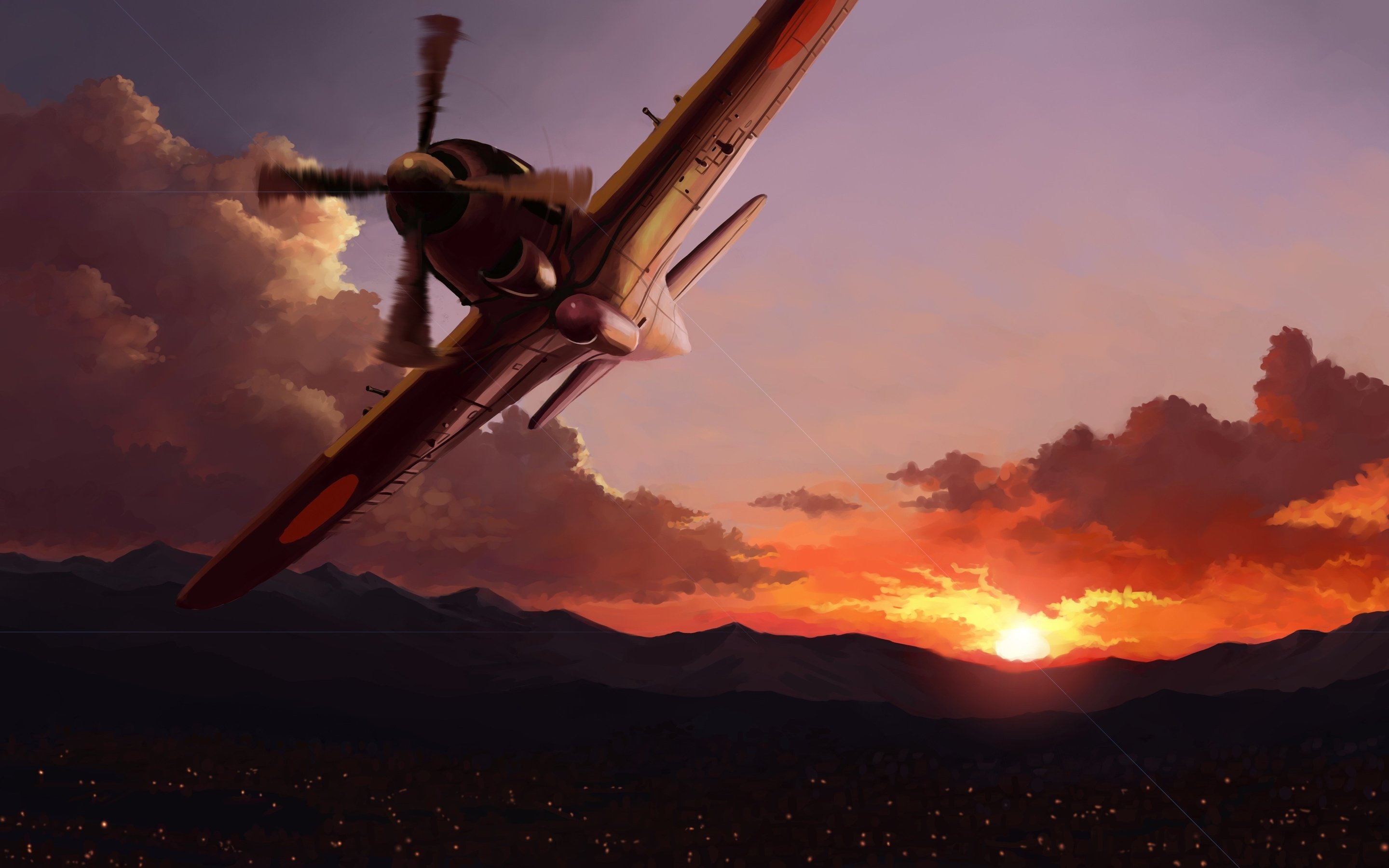 in, The, Sky, Sunset, Lights, Art, Airplane, City Wallpaper