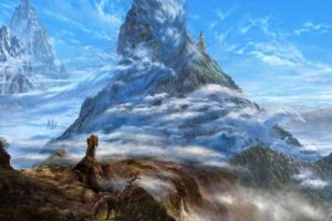 kazamasa, Uchio, Mountains, Art, Clouds, Fantasy, Ucchiey, Dragons, Rocks