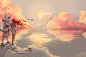 landscape, Sky, Sea, Sunset, Painting, Reflection, Ocean