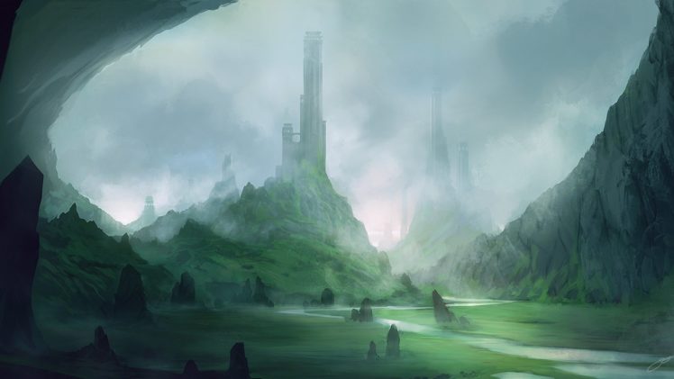 gorge, Fog, Rocks, Towers, Landscape, Art, Blink, River HD Wallpaper Desktop Background