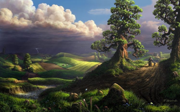 lightning, House, Trees, Clouds, Fel x, Landscape, Field, Art, Storm HD Wallpaper Desktop Background