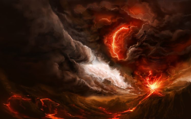 lightning, Fire, Eruption, Art, Smoke, Lava, Mountain, Volcano HD Wallpaper Desktop Background