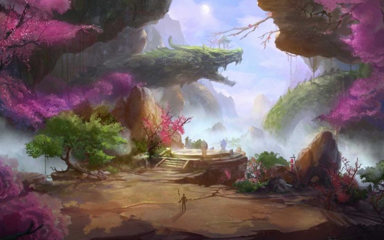 mountains, Art, Dragon, Fantasy, World, Rocks, Landscape HD Wallpaper Desktop Background