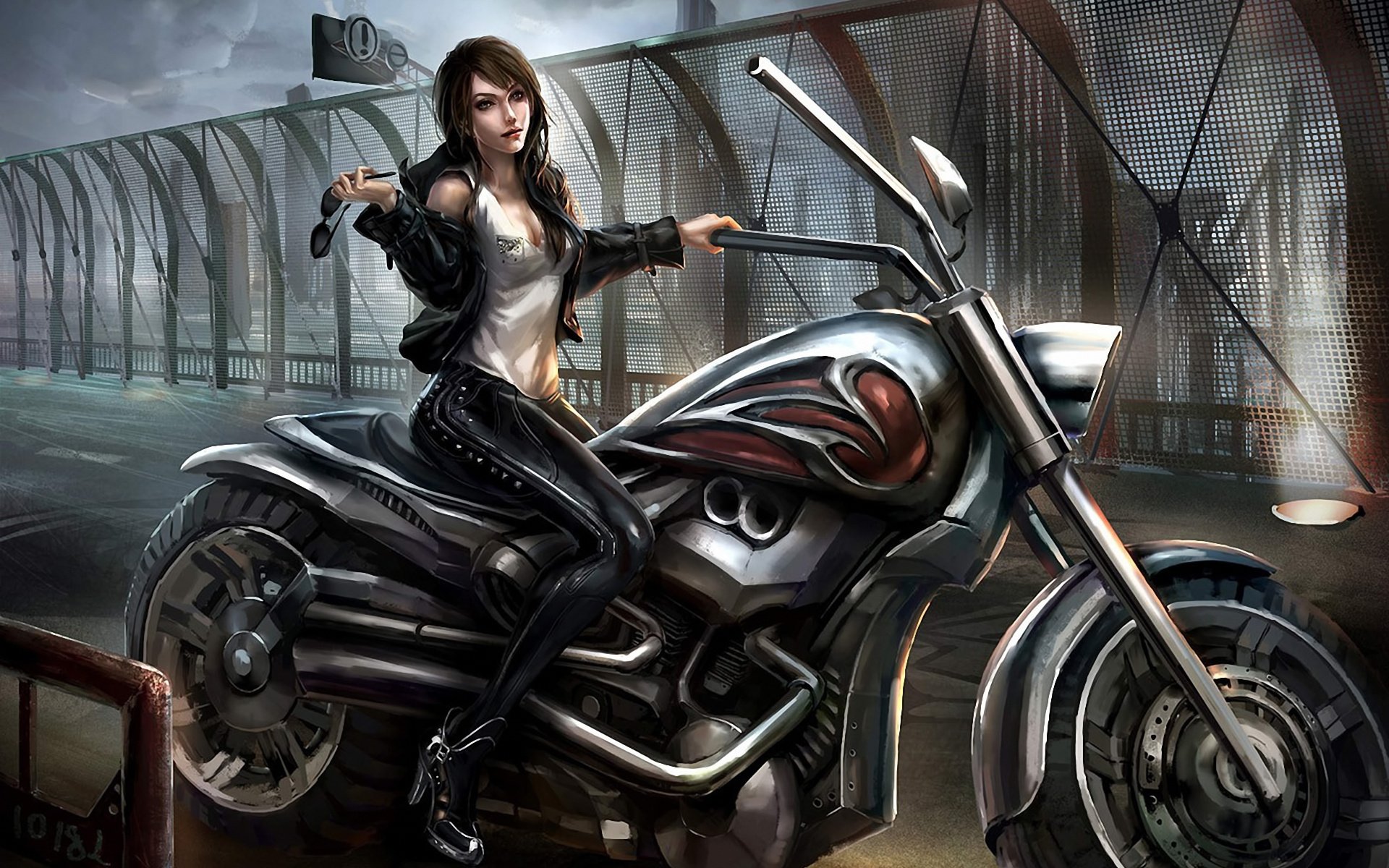 motorcycle, Goggles, Bridge, Girl, Art, Latex Wallpaper
