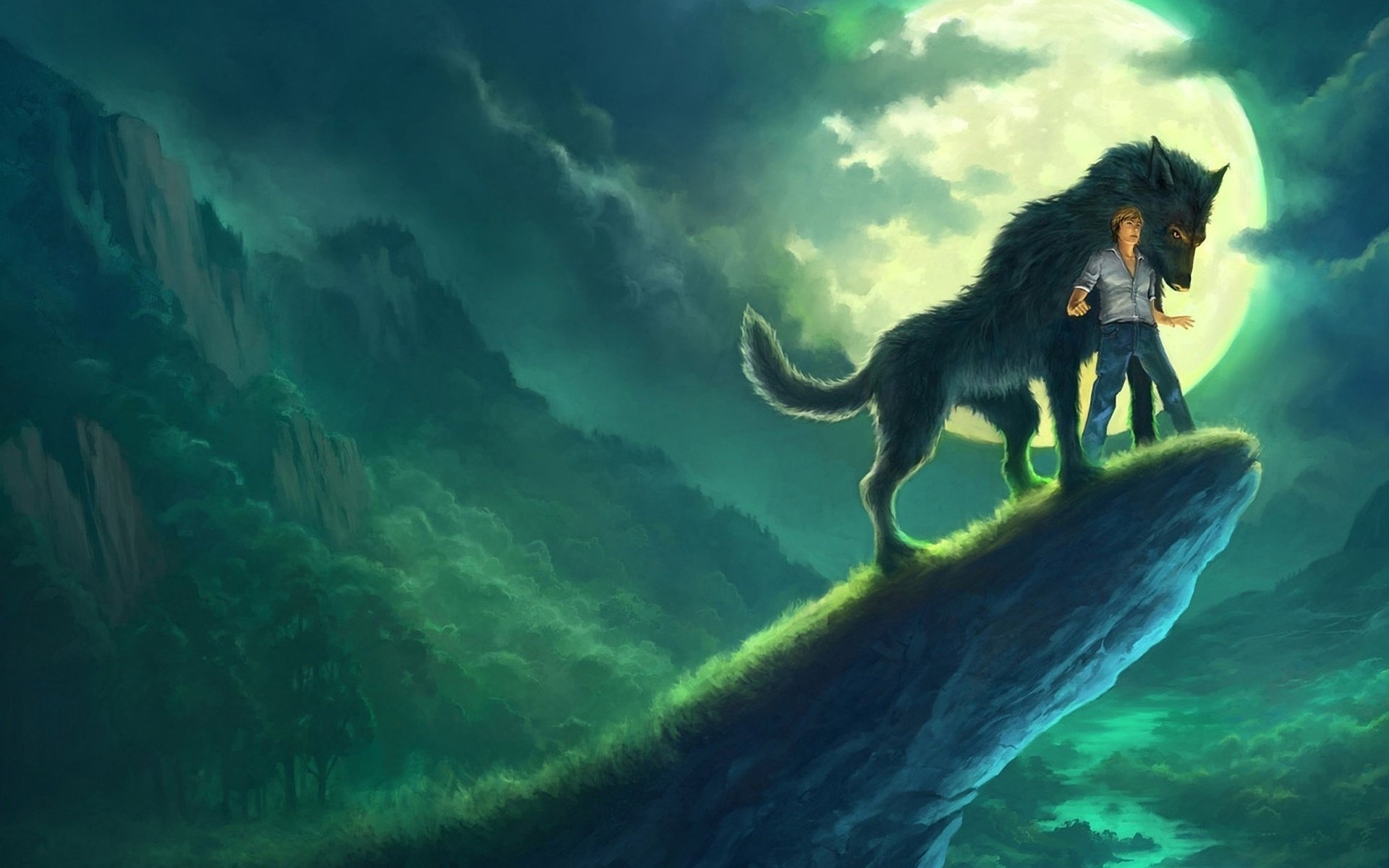 rocks, Night, Andreas, Rocha, Man, River, Clouds, Wolf, Rock, Art Wallpaper