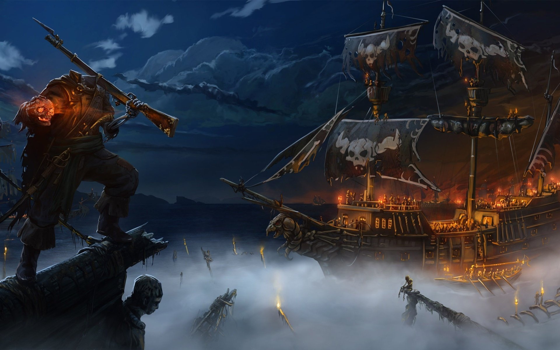 pirate, Sea, Night, Fog, Boat, Andrew, Khoroshun, Art Wallpaper