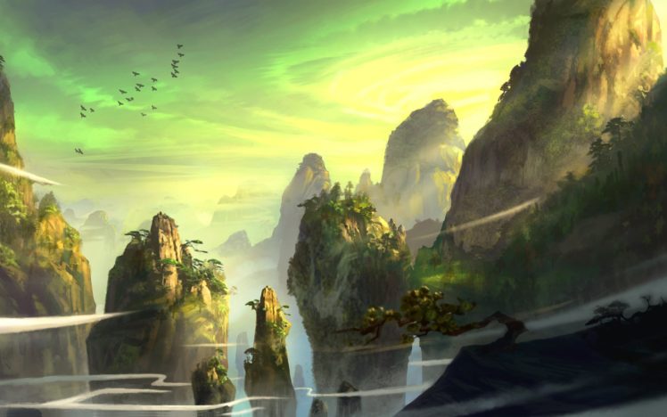 pine, Art, Mountains, Rocks, Pursue, Trees, Feng, Liu, Birds HD Wallpaper Desktop Background