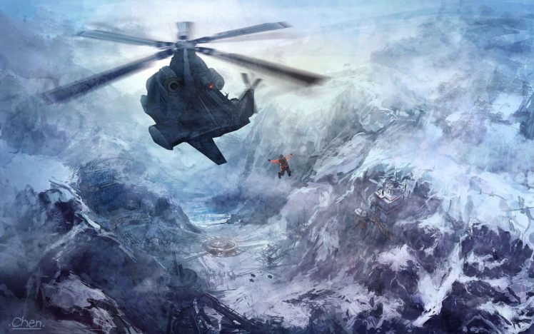 snow, Art, Richard, Chen, Helicopter, Flight, Mountains, People, Base HD Wallpaper Desktop Background