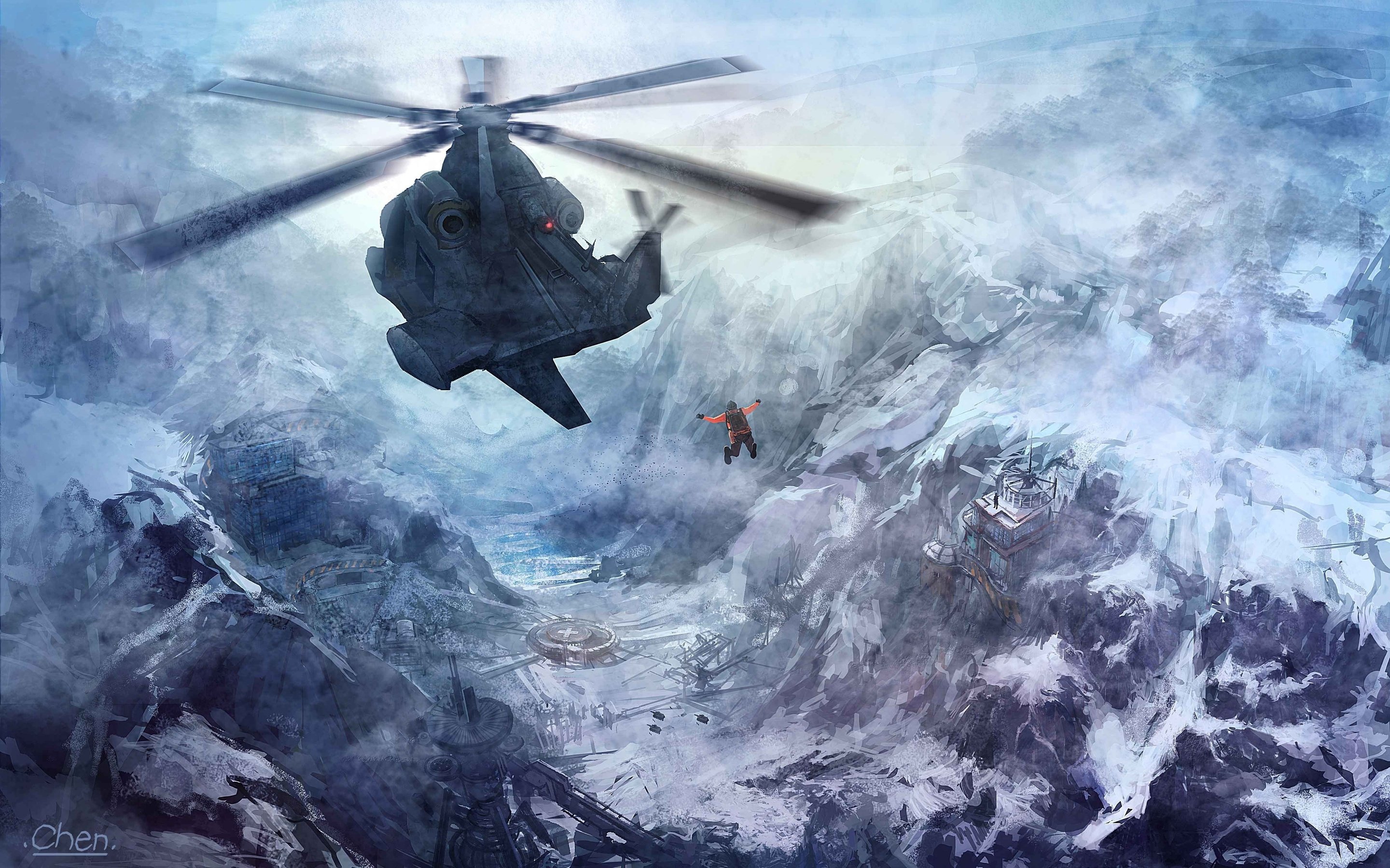 snow, Art, Richard, Chen, Helicopter, Flight, Mountains, People, Base Wallpaper