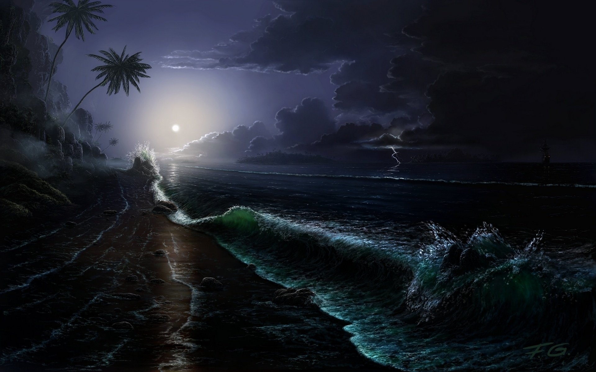 ship, Waves, Sea, Moon, Night, Fel x, Art, Island Wallpaper