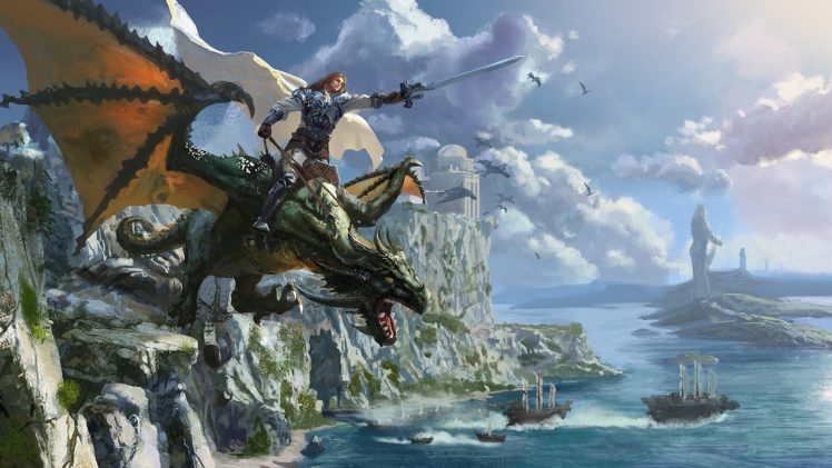 rock, Warrior, Art, Rider, Cape, Sword, Castle, Sea, Dragon HD Wallpaper Desktop Background