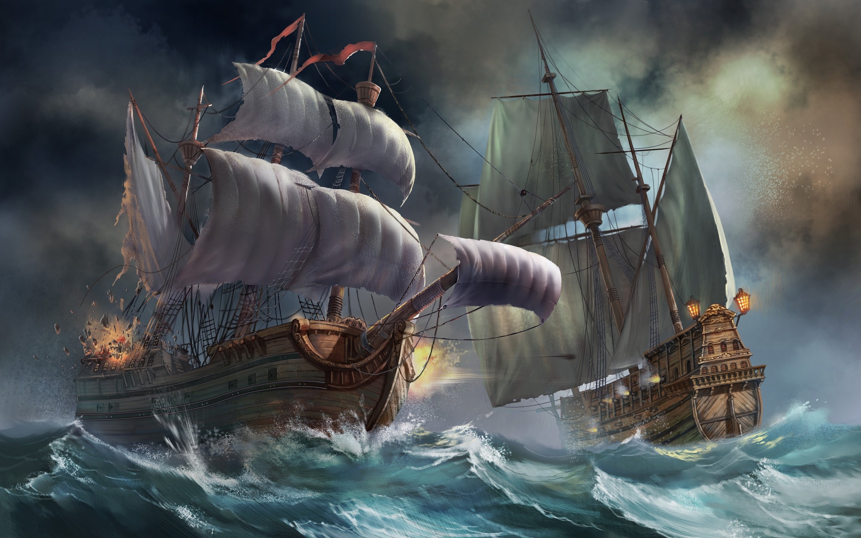 sailboat, Sea, Art, Boats, Storm, Waves, Battle, Battle Wallpaper