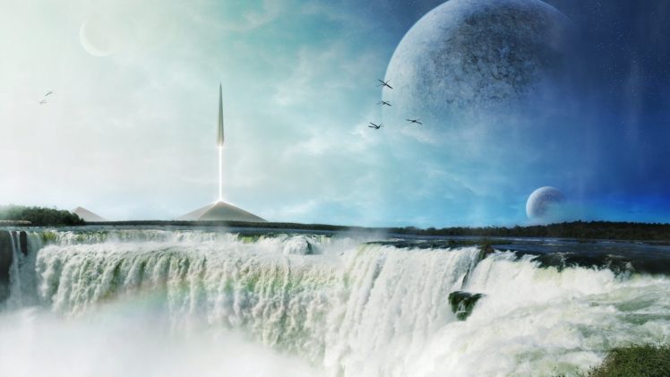 spire, Ship, Planets, The, Waterfall, The, Pyramids, The, Rocket, Art HD Wallpaper Desktop Background