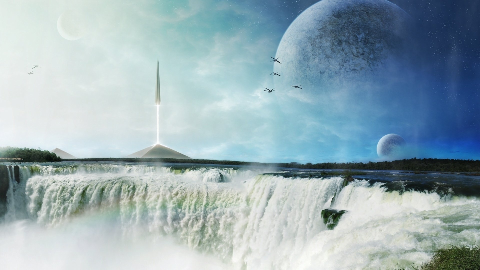 spire, Ship, Planets, The, Waterfall, The, Pyramids, The, Rocket, Art Wallpaper