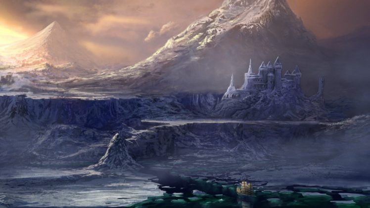 water, Castle, Rock, Ship, Mountain, Sailing, Art, Sea HD Wallpaper Desktop Background