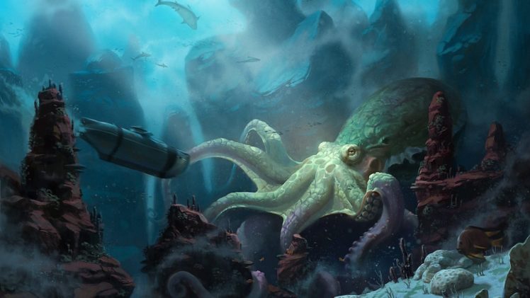 submarine, Unidcolor, Underwater, Art, Craft, Octopus HD Wallpaper Desktop Background