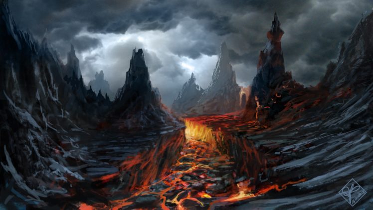 volcano, And, Gloomy, Art, Rock, Lava, Clouds HD Wallpaper Desktop Background
